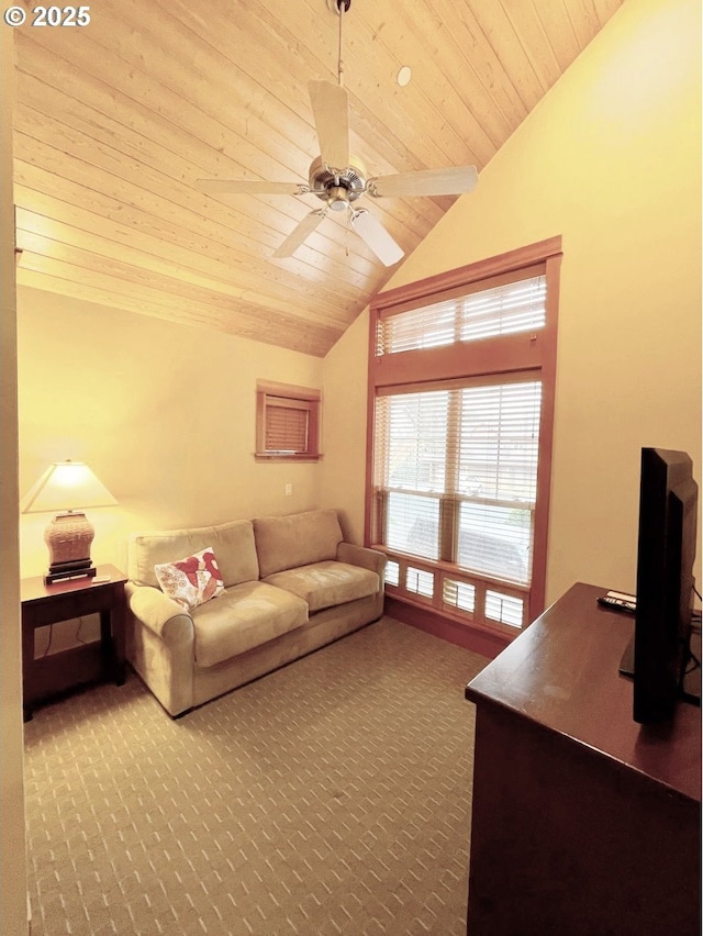 unfurnished living room featuring ceiling fan, carpet floors, high vaulted ceiling, and wooden ceiling