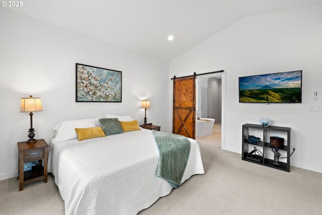 1046 SE Olive Way, Estacada, OR 97023 - bedroom with a barn door, lofted ceiling, light carpet, baseboards, and recessed lighting