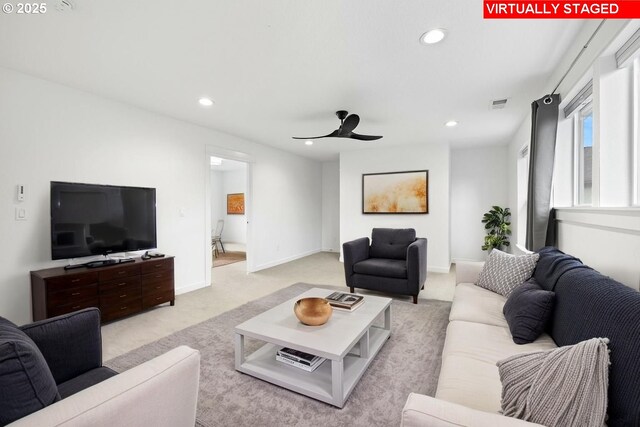 1046 SE Olive Way, Estacada, OR 97023 - living room featuring light colored carpet, ceiling fan, recessed lighting, and baseboards