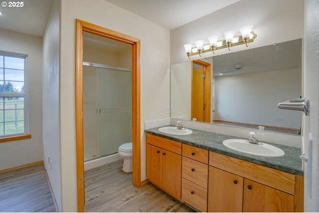 bathroom featuring toilet, an enclosed shower, vanity, and wood-type flooring