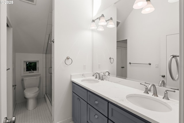 7505 SE 22nd Ave, Portland, OR 97202 - full bathroom with toilet, double vanity, tile patterned flooring, and a shower stall