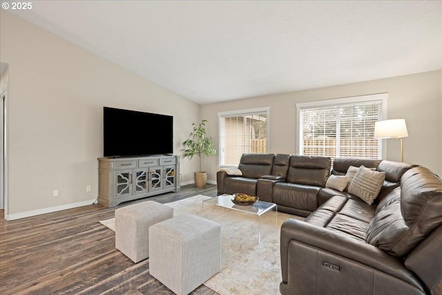 living room featuring lofted ceiling and hardwood / wood-style flooring