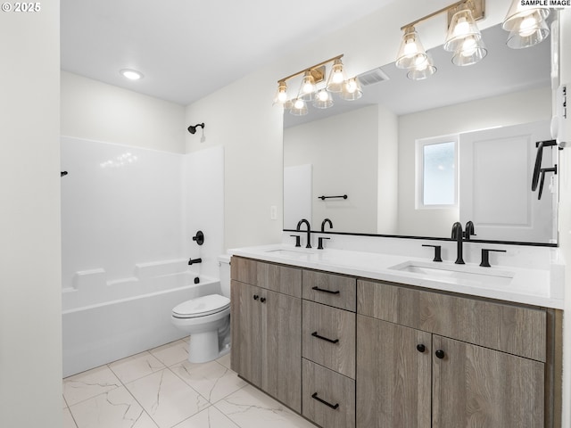 4047 SE 115th Ave, Portland, OR 97266 - bathroom featuring double vanity, toilet, marble finish floors, and shower / tub combination