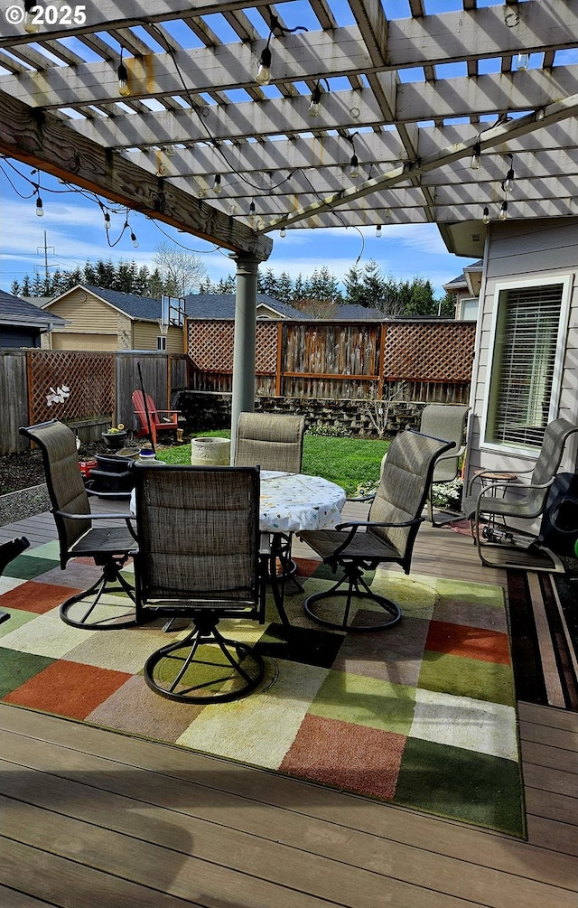 1270 Hidden Creek Dr, Keizer, OR 97303 - wooden terrace featuring a fenced backyard, outdoor dining space, and a pergola