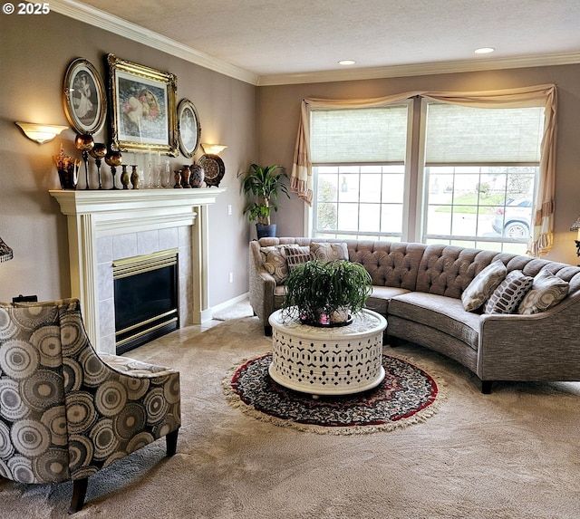 1270 Hidden Creek Dr, Keizer, OR 97303 - living area featuring carpet, crown molding, and a fireplace