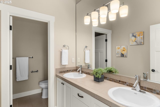 14152 SW Compass Dr, Beaverton, OR 97005 - bathroom featuring decorative backsplash, tile patterned flooring, and double vanity
