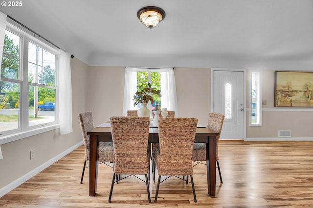 dining room with visible vents, light wood-style flooring, and baseboards