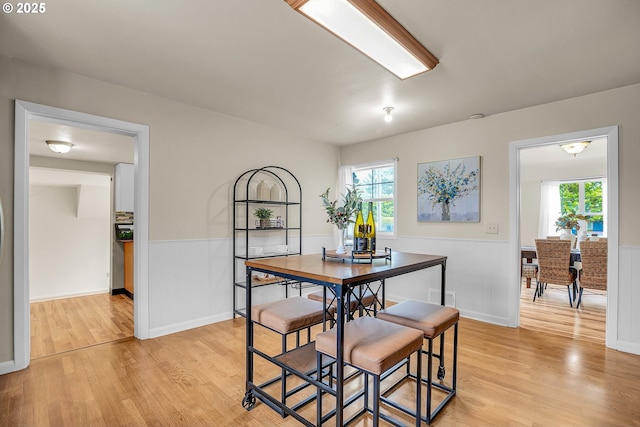 dining area featuring a wainscoted wall, light wood finished floors, and a wealth of natural light