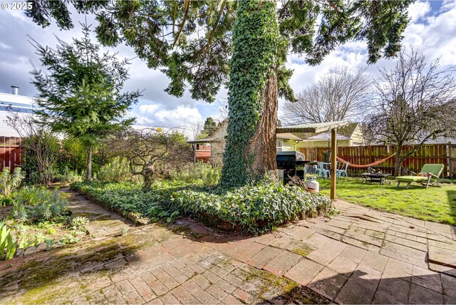 view of yard featuring a patio and fence