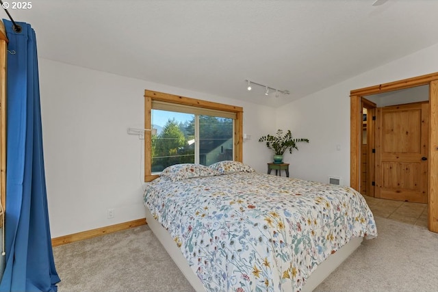 bedroom with access to exterior and light colored carpet