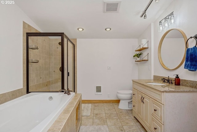 full bathroom featuring vanity, toilet, separate shower and tub, and tile patterned flooring