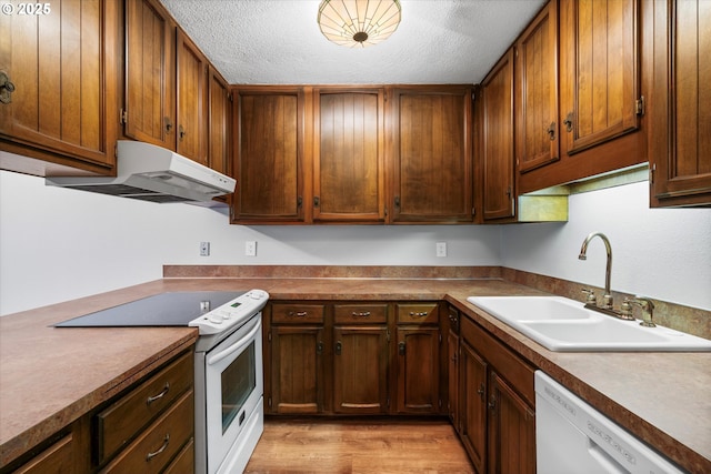 kitchen with white appliances, a sink, under cabinet range hood, a textured ceiling, and light wood-type flooring