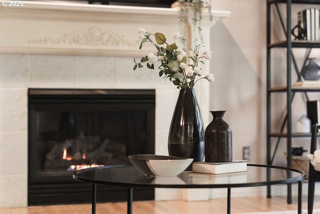 details featuring wood finished floors and a tile fireplace