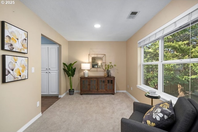 living area with carpet floors, visible vents, and baseboards