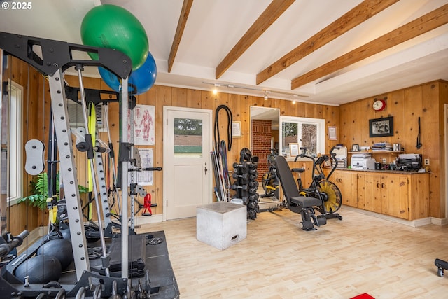 1034 Lawrence St, Eugene, OR 97401 - workout area featuring wood walls and wood finished floors