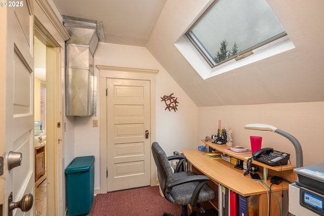 1034 Lawrence St, Eugene, OR 97401 - home office featuring vaulted ceiling, a skylight, and carpet floors