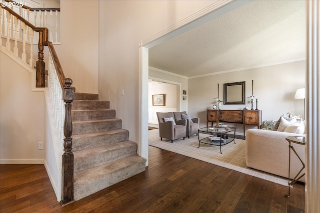 14940 SW Michael Ct, Sherwood, OR 97140 - living room featuring wood-type flooring, stairway, ornamental molding, and baseboards