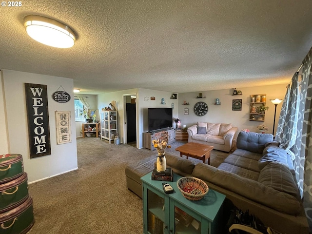 carpeted living room featuring a textured ceiling