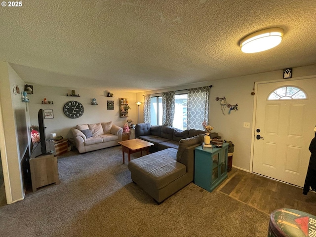 living room with a textured ceiling