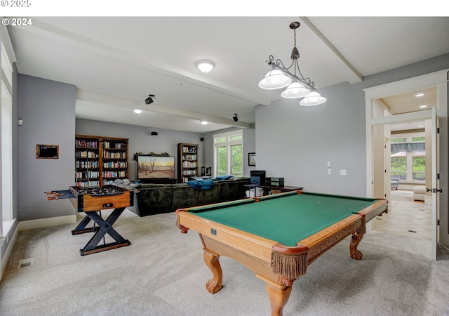 recreation room featuring pool table, beamed ceiling, carpet flooring, and baseboards