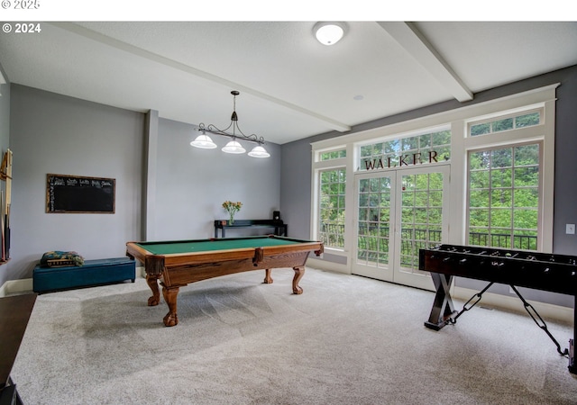 recreation room featuring carpet floors, pool table, beamed ceiling, and french doors