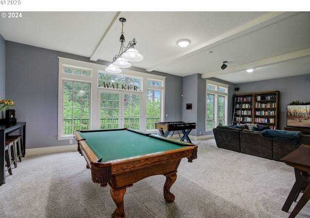 rec room with pool table, beam ceiling, light carpet, and baseboards