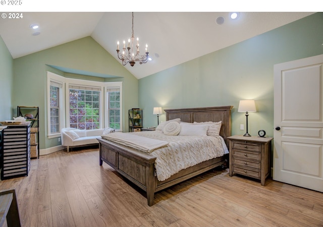 bedroom featuring baseboards, lofted ceiling, light wood-type flooring, a notable chandelier, and recessed lighting