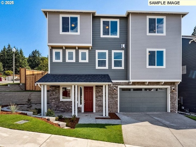 multi unit property featuring stone siding, a porch, driveway, and fence