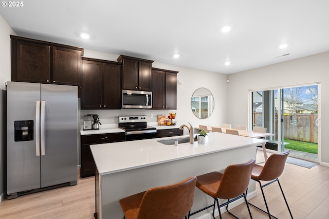 kitchen with light countertops, light wood-style flooring, appliances with stainless steel finishes, a kitchen island with sink, and a sink