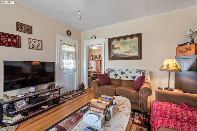 living area with wood finished floors and crown molding
