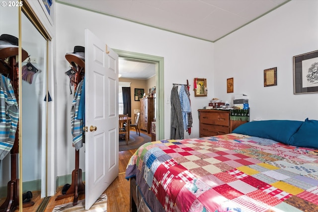 bedroom featuring wood finished floors and a closet