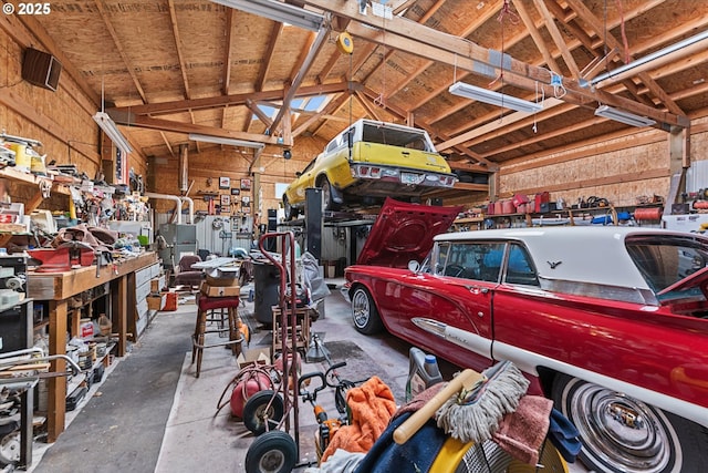 garage with a workshop area