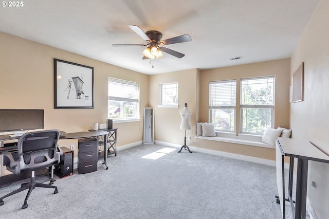 12130 SW Kelly Ln, Tigard, OR 97223 - home office featuring a ceiling fan, carpet flooring, and baseboards