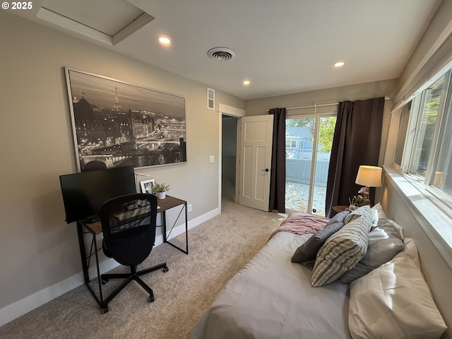 1630 NW Eastbrook Ct, Beaverton, OR 97006 - bedroom with access to outside, carpet flooring, recessed lighting, an office area, and attic access