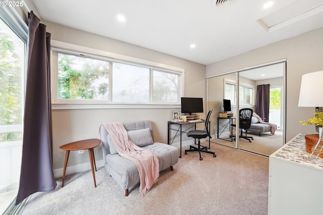 office area with visible vents, baseboards, carpet, attic access, and recessed lighting