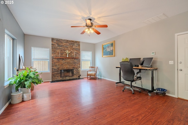 17474 SW Sarala St, Beaverton, OR 97007 - office space with ceiling fan, wood finished floors, baseboards, and a fireplace