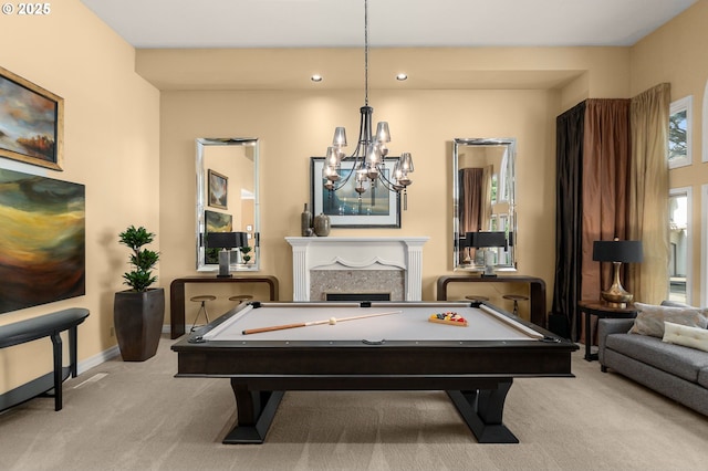 playroom featuring a notable chandelier, pool table, a fireplace, and carpet floors