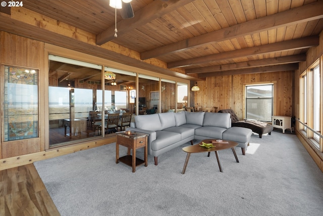 living area with beamed ceiling, wooden walls, and wooden ceiling