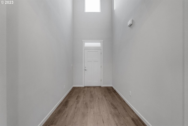 doorway to outside featuring light wood-type flooring and a towering ceiling