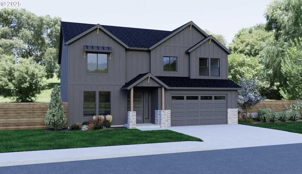 1420 SE 188th Ave, Vancouver, WA 98683 - modern farmhouse style home with a shingled roof, concrete driveway, board and batten siding, stone siding, and a garage