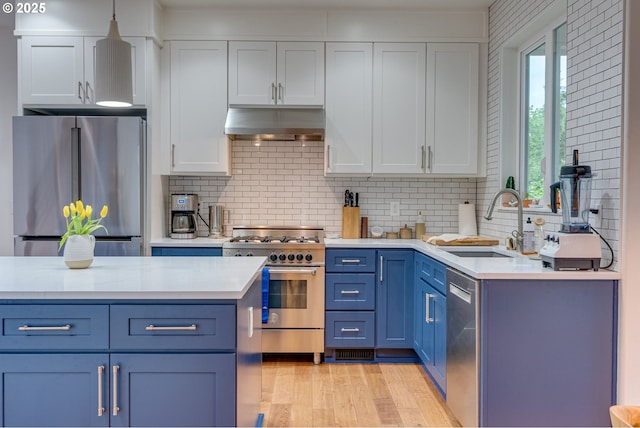 kitchen featuring appliances with stainless steel finishes, ventilation hood, a sink, blue cabinetry, and light countertops