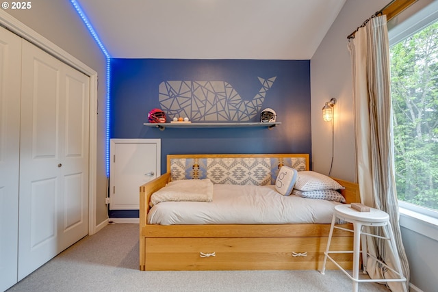 bedroom with multiple windows, carpet flooring, baseboards, and a closet