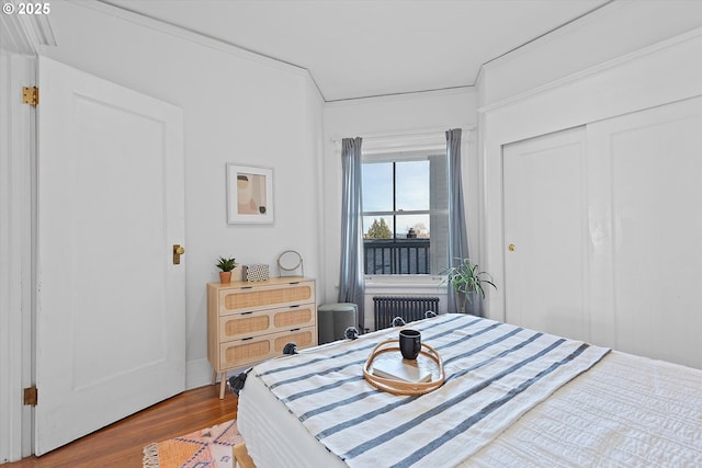 bedroom with hardwood / wood-style floors, radiator heating unit, and a closet