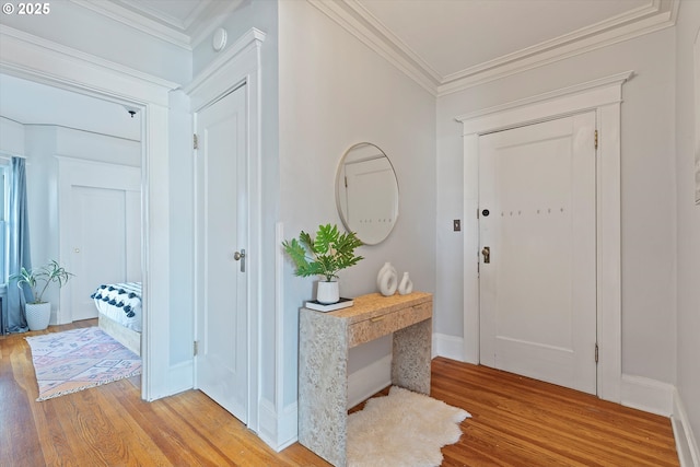 foyer entrance with crown molding and light wood-type flooring