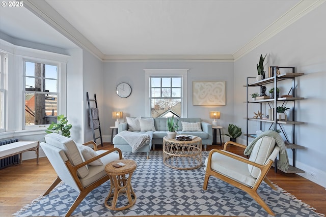 living area featuring wood-type flooring, radiator heating unit, and crown molding