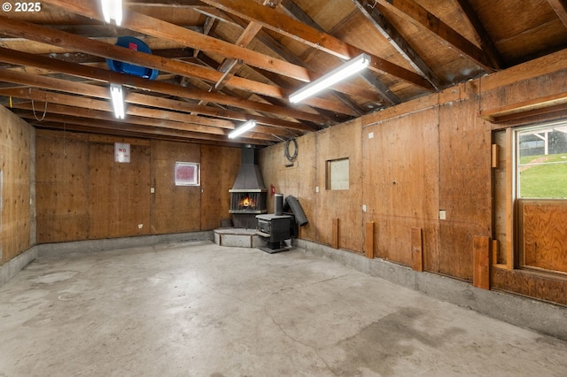 garage featuring a wood stove