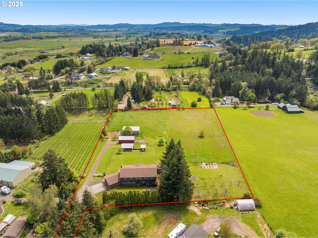 bird's eye view with a mountain view and a rural view