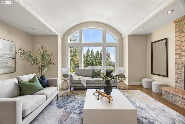 living room featuring baseboards, vaulted ceiling, and wood finished floors