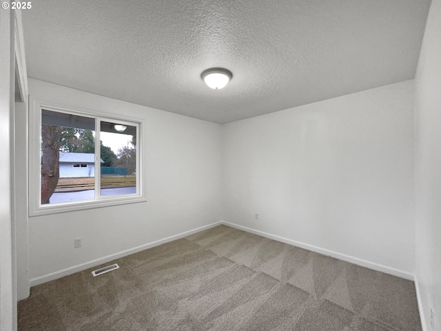 unfurnished room with a textured ceiling and carpet flooring