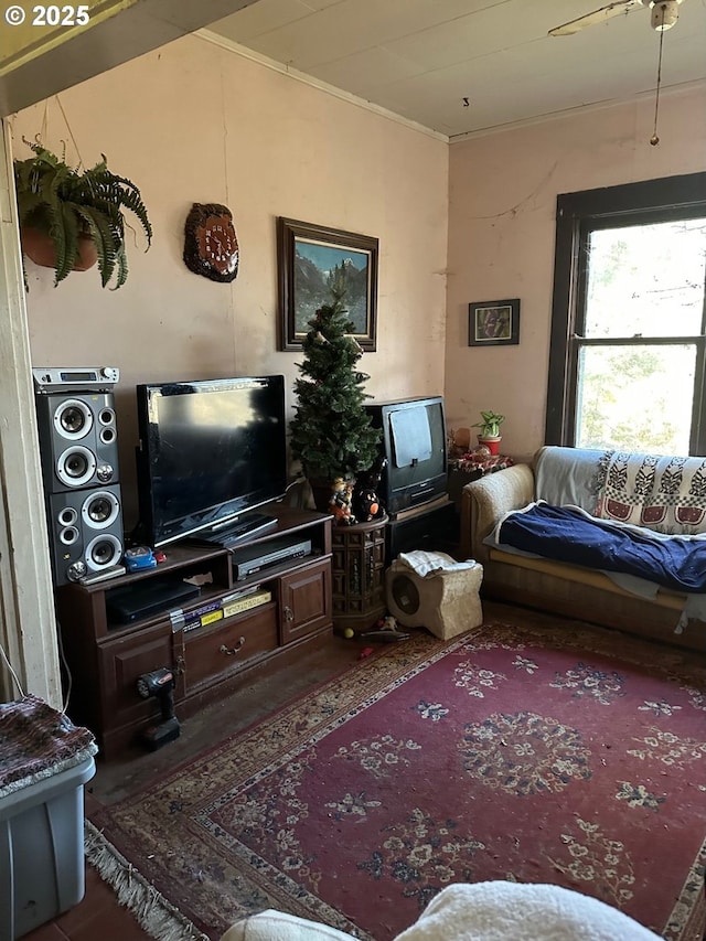 living room with hardwood / wood-style flooring and crown molding